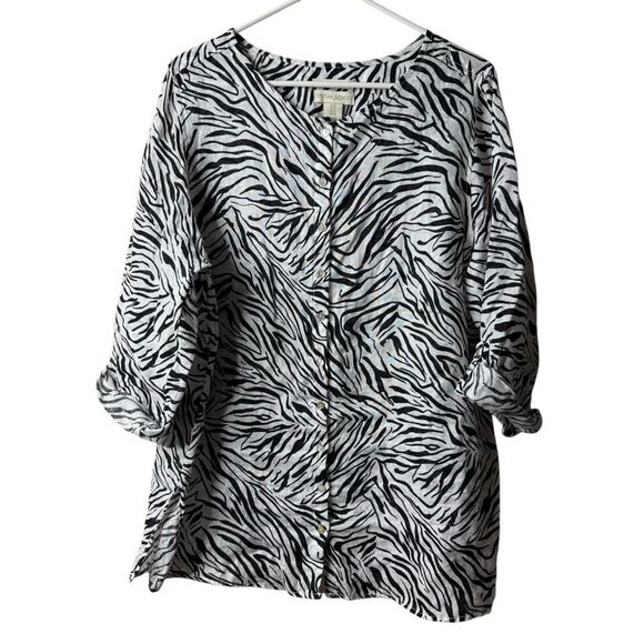 Cynthia Rowley Tops - Cynthia Rowley Black White Zebra Animal Print 100% Linen Button Blouse